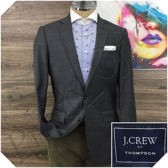 J CREW Mens Blazer Sport Coat Casual Jacket Size 38R‎ Gray Wool Suit THOMPSON